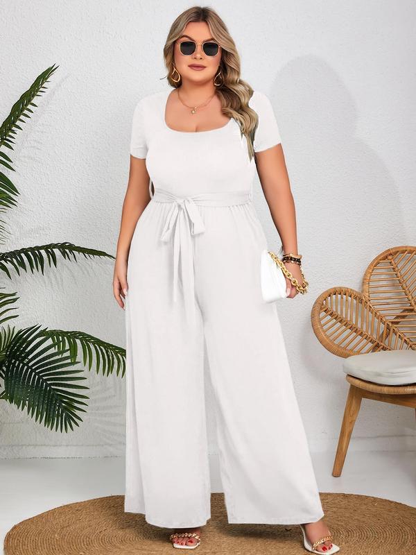  Plus Size Solid Wide Leg Jumpsuit, Elegant Square Neck Belted Jumpsuit for Daily Outdoor Wear, Women Plus Clothing for All Seasons