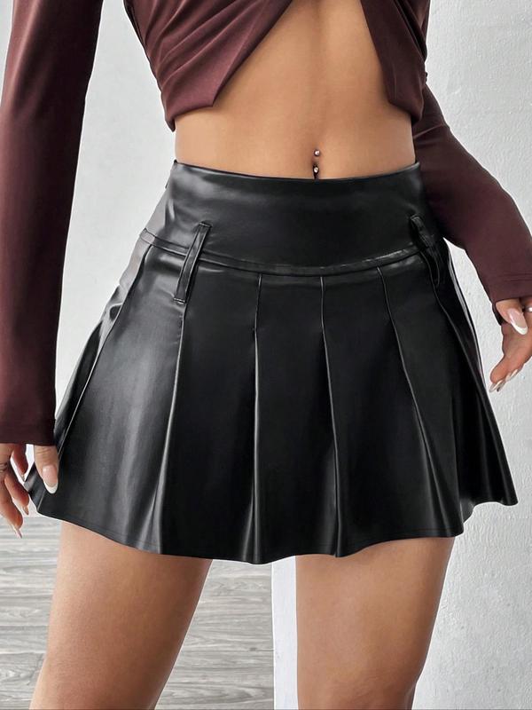 Women's Solid Color Pleated PU Leather Skirt, Fashionable A-Line Short Skirt for Daily Outdoor Wear, Women's Bottoms for Fall & Winter