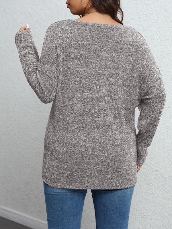 Plus Plain Textured Drop Shoulder V Neck Knit Top, Casual Long Sleeve Ribbed Top for Fall & Winter, Sweaters for Women, Women's Plus Clothing for Daily Wear