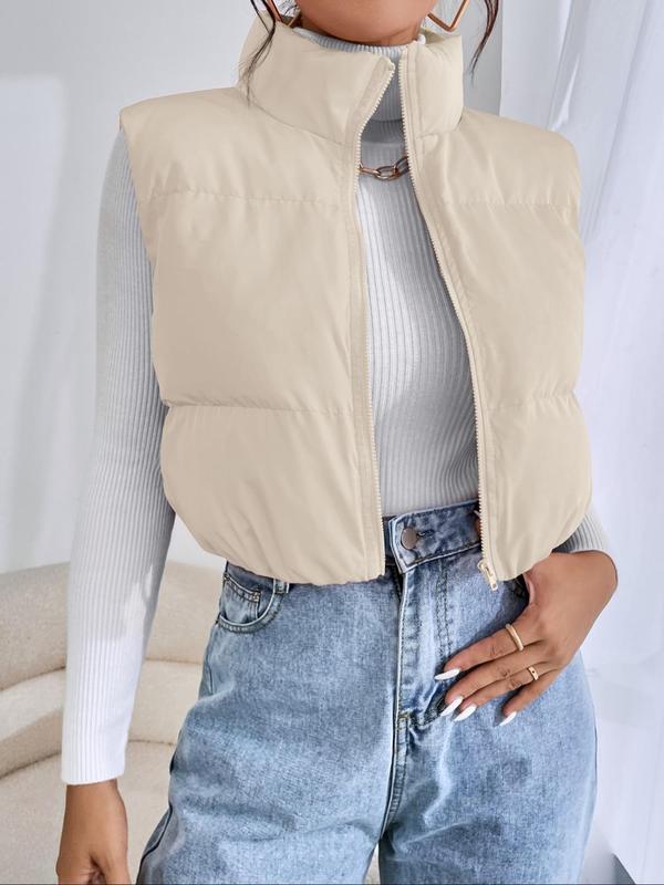 Women's Solid Color Zip Up Funnel Neck Vest Quilted Jacket, Casual Sleeveless Thermal Lined Outerwear for Fall & Winter, Women's Clothes for Daily Wear