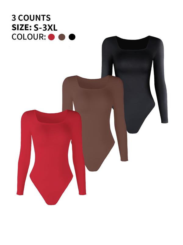 Women's Solid Square Neck Long Sleeve Seamless Shapewear Bodysuit, Button Closure Crotch Tummy Control Butt Lifting Shaper, Ladies Shapewear for All Seasons