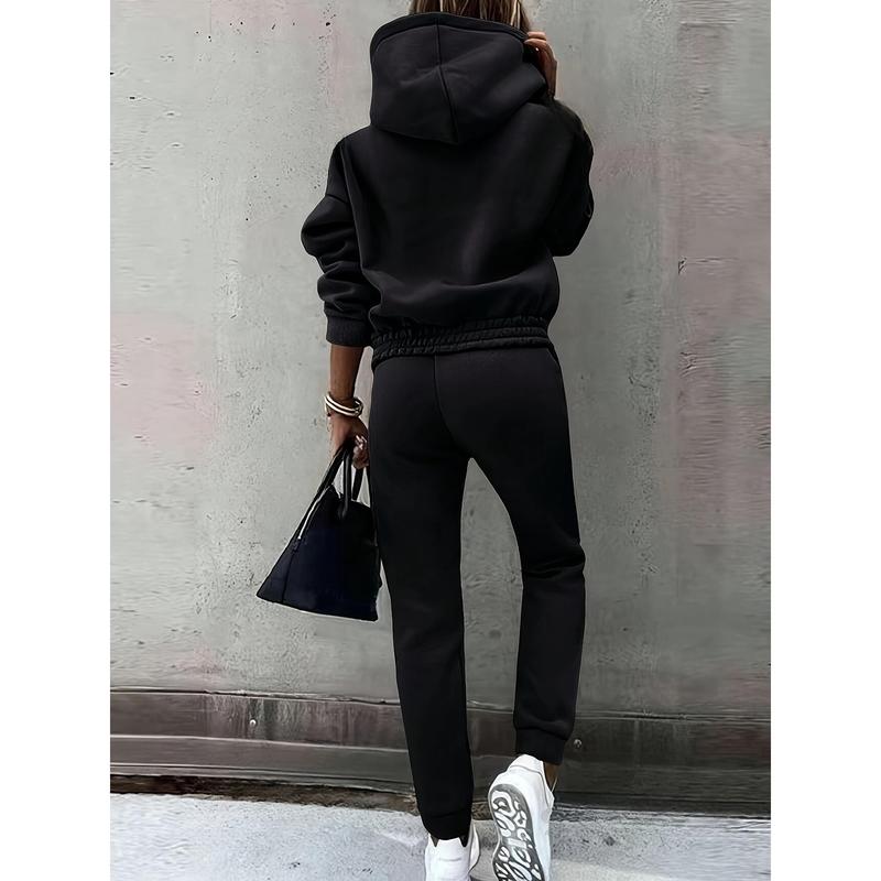 Cozy Solid Color Sweatpants Set - Pantsuits for Women - Long Sleeve Hoodie Sweatshirt, Drawstring Jogger Pants Outfits, Comfortable Casual Wear for Everyday, Soft Fleece Lining, Relaxed Fit, and Easy Care