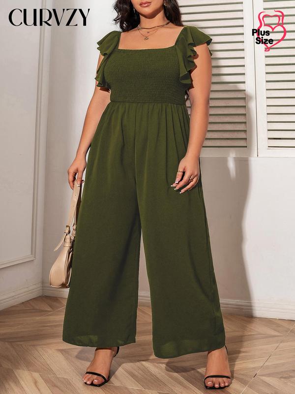 CURVZY Plus Size Plain Butterfly Sleeve Wide Leg Jumpsuit, Elegant Square Neck Shirred Jumpsuit, Women's Summer Clothes for Daily Wear