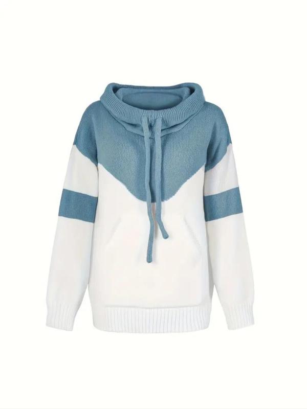 Women's Colorblock Print Drawstring Pocket Hooded Sweater, Casual Drop Shoulder Long Sleeve Jumper for Fall & Winter, Women's Knitwear for Daily Wear