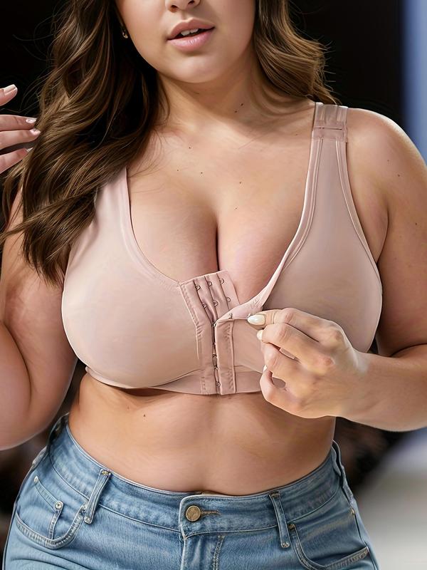  Solid Buckle Front Bralette, Casual Comfortable Breathable Scoop Neck Bra for Daily Wear, Women's Lingerie for All Seasons