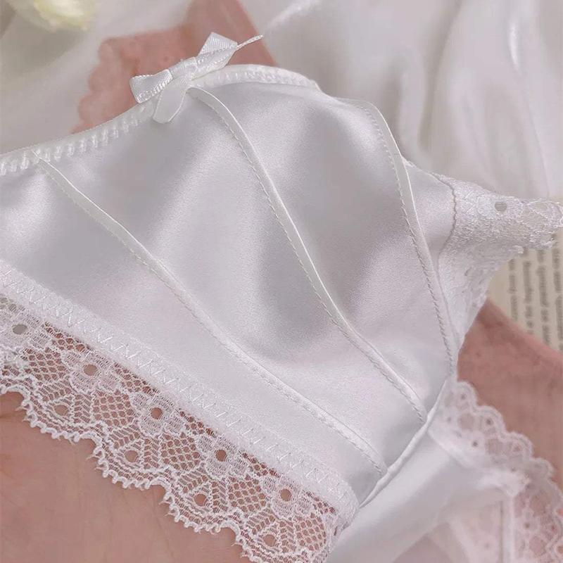 Vintage Satin Panties Soild Color Breathable Underwear Women French Sexy Lace Bow Lingerie Female Mid-waist Thin Mesh Briefs New