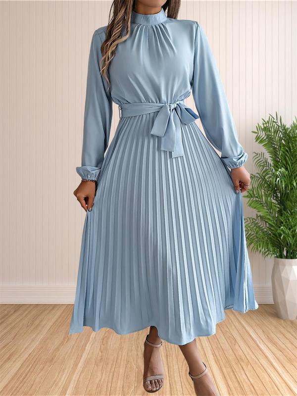 Women's Solid Belted Pleated A Line Dress, Elegant Bishop Sleeve Mock Neck Dress for Fall, Fall Outfits, Women's Basic Fall Clothing for Daily Wear, Tummy Hiding Dresses