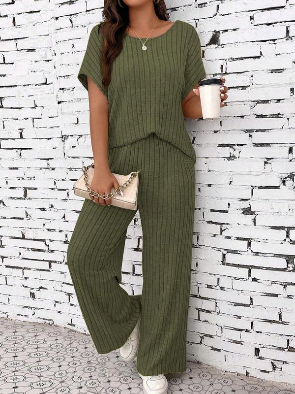 Women's Solid Ribbed Drop Shoulder Tee & Wide Leg Pants Two-piece Set, Casual Short Sleeve Round Neck T-shirt & Trousers for Summer, Ladies Clothes for Daily Wear Black Girl Outfits