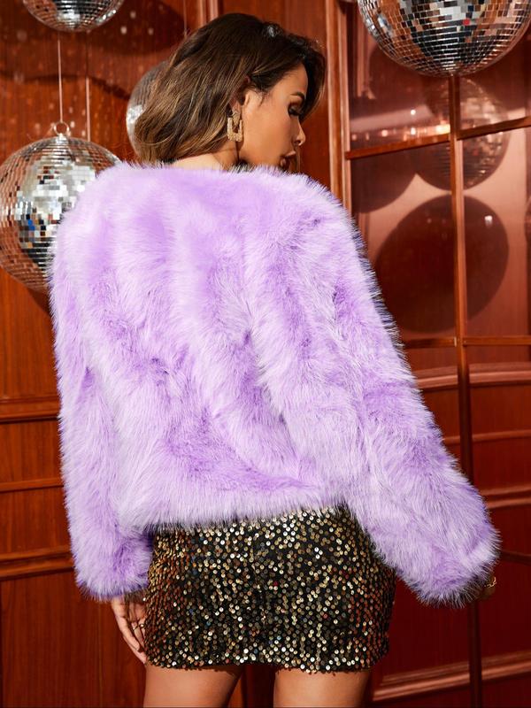 Women's Solid Long Sleeve Faux Fur Jackets Coat, Elegant Fashion Casual Open Front Coat for Party Club Dating Wear, Winter Clothes Women, Women Clothing for Fall & Winter