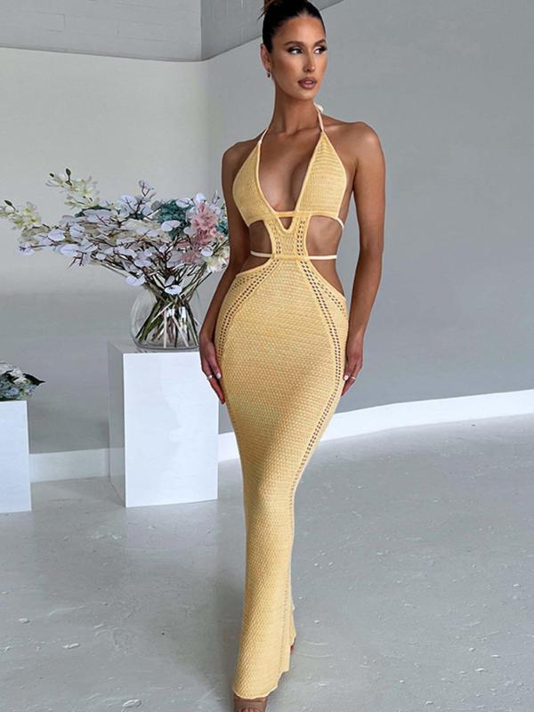 Women's Cut Out Hollow Out Cami Sweater Dress, Sexy Tie Back Halter Neck Long Dress, Summer Dresses, Back To School Outfits, Party Sleeveless Dresses for Women, Sundress Maxi Dress, Homecoming Dresses, Ladies Clothes for Beach Holiday