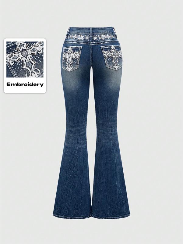 ROMWE Grunge Punk Y2K Vintage Flare Jeans For Women, Pocket Cross Wing Embroidery Slim Fit Bell Bottom Denim Pants