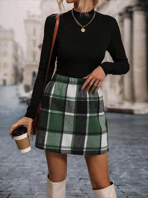 Women's Plaid Tartan Pattern Elastic Waist A Line Skirt, 2024 Trendy Casual Fashion Short Skirt for Daily Outdoor Wear, Women Bottoms for Summer Spring Fall