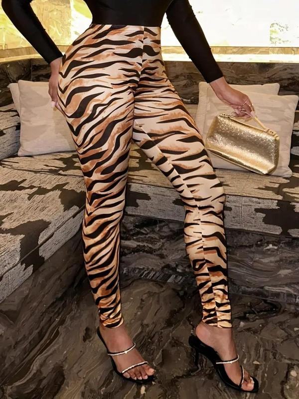 Women's Tiger Print Elastic Waist Leggings, Casual Comfy High Waist Skinny Pants for Daily Wear, Ladies Bottoms for All Seasons