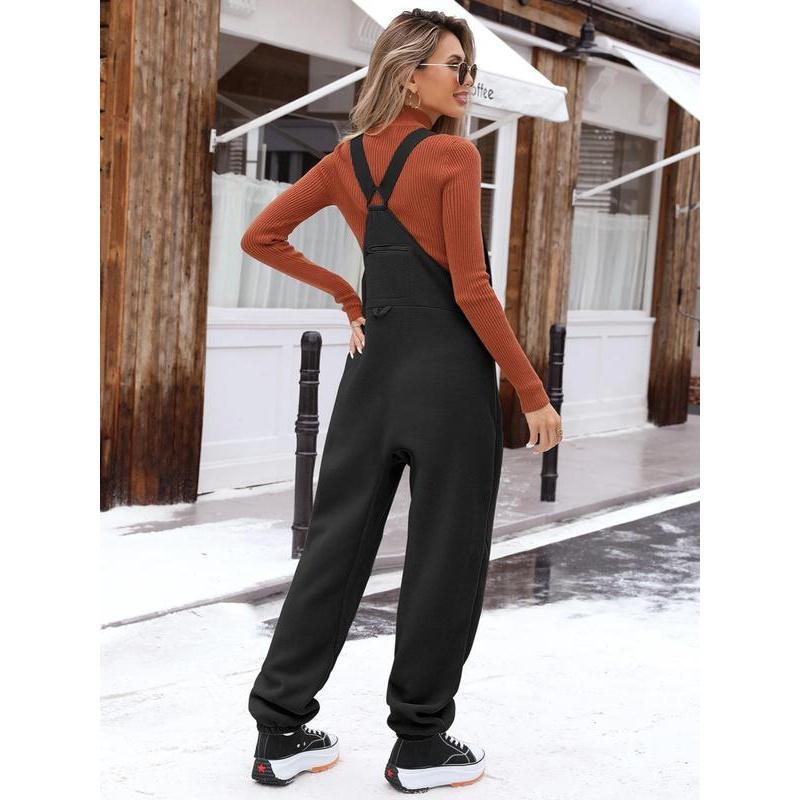 Women's Solid Zipper Pocket Polar Fleece Overall Jumpsuit, Casual Sleeveless Jumpsuit for Fall & Winter, Women's Jumpsuit for Daily Wear Womenswear Comfort Basic Minimalist Strap Strappy