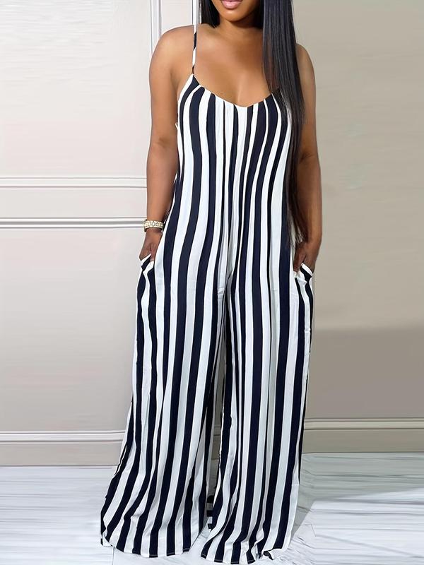 Women's Striped Print Pocket Cami Jumpsuit, Casual Backless Wide Leg Jumpsuit, Ladies Clothes for All Seasons