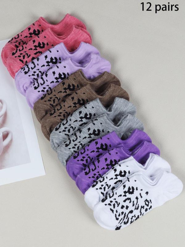 Women's 12 Pairs Leopard Print Invisible Socks, Casual Moisture Wicking Socks, Soft Comfy Breathable Socks for All Seasons Daily Wear