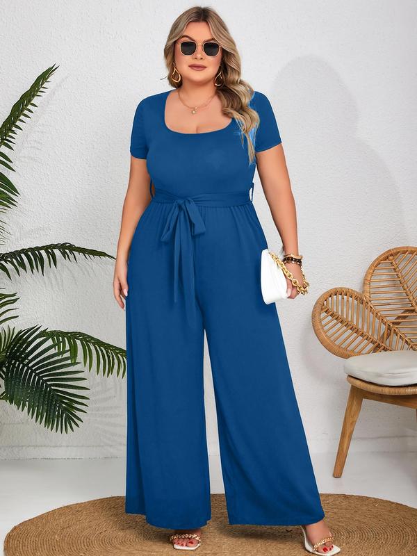  Plus Size Solid Wide Leg Jumpsuit, Elegant Square Neck Belted Jumpsuit for Daily Outdoor Wear, Women Plus Clothing for All Seasons