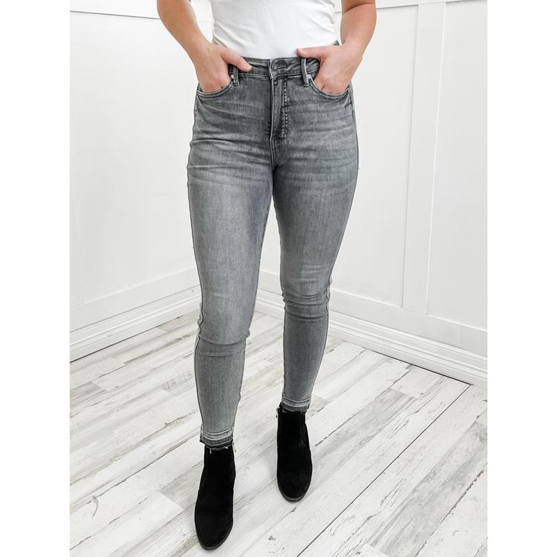 Judy Blue KYLER Grey High Waist Tummy Control Release Hem Skinny Jeans