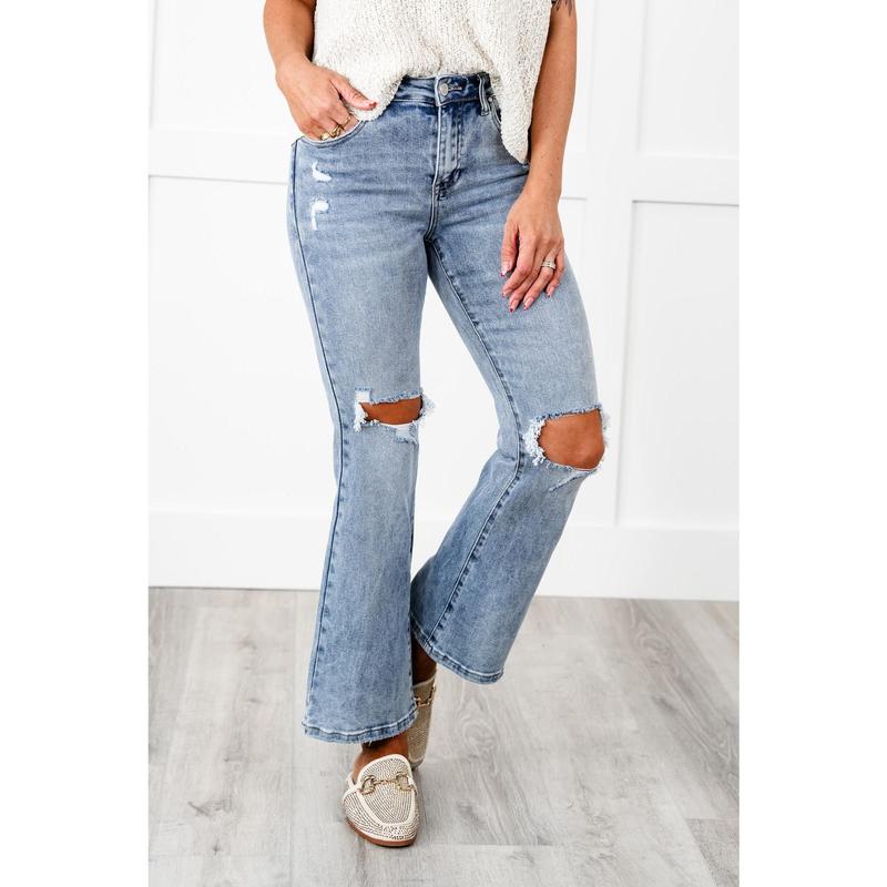 Risen Dressed to Impress High Rise Medium Wash Distressed Knee Ankle Flare Jeans