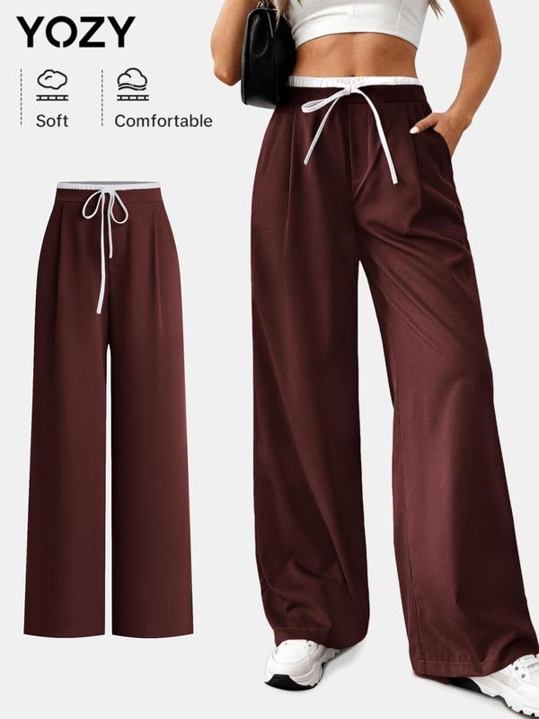 YOZY Christmas Deals, Women's Patchwork Drawstring Waist Straight Leg Pants, Casual Comfy Plicated Pocket Trousers for Daily Wear, Ladies Bottoms for All Seasons, Christmas 2024 Trend, Fall & Winter Clothes