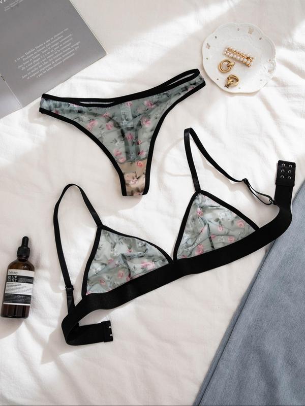 Women's Floral Print Wireless Bra & Thong Set, Adjustable Strap Sheer Mesh Sexy Lingerie Set, Soft Comfy Breathable Underwear Set for Women