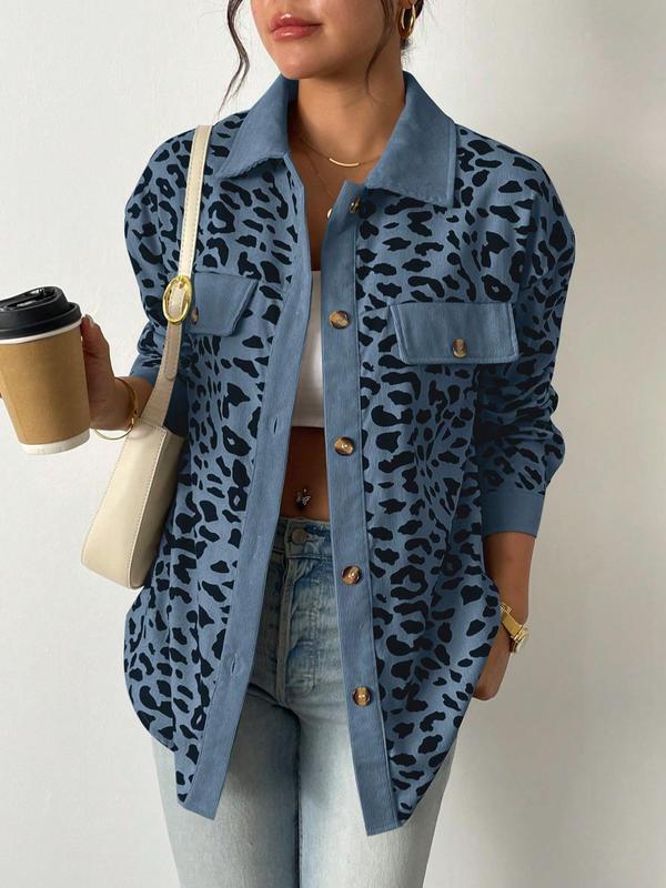 Women's Leopard Print Button Front Drop Shoulder Coat, Casual Long Sleeve Collared Outerwear for Spring & Fall, Ladies Clothes for Daily Wear