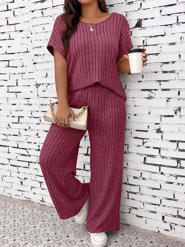  2 Counts Women's Textured Batwing Sleeve Tee & Elastic Waist Pants Set, Casual Short Sleeve T-shirt & Straight Leg Trousers, Back to School Outfits, Summer Outfits 2024