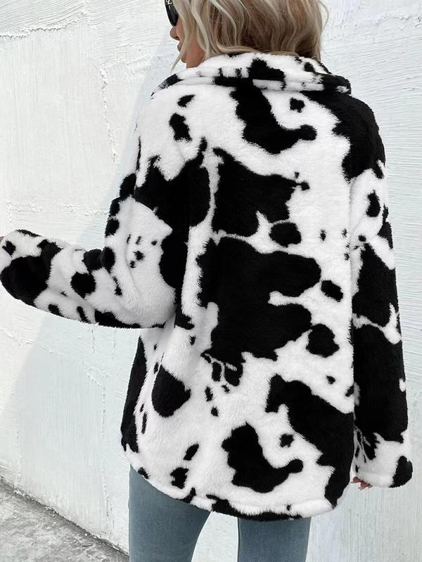 Women's Cow Print Button Front Plush Coat, Casual Drop Shoulder Collared Fuzzy Outerwear for Fall & Winter, Women's Clothing for Daily Wear