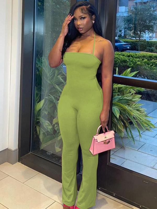 Women's Solid Color Backless Cami Flare Leg Jumpsuit, Casual Halter Neck Sleeveless Bell Bottom Jumpsuit for Summer, Lady's Basic One-Piece Outfit, Womenswear