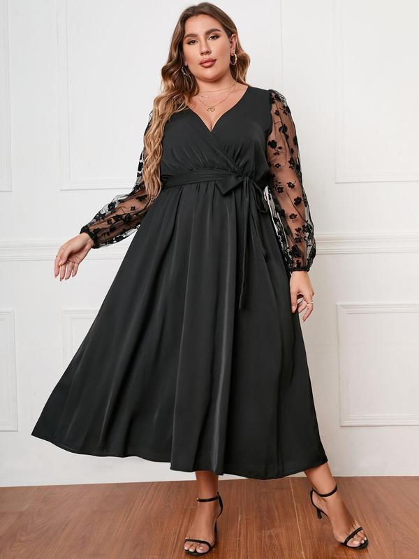 Plus Size Floral Embroidered Belted Sheer A Line Dress, Elegant Sweetheart Neck Bishop Sleeve Dress for Party Holiday Wedding Guest, Women's Clothes for Spring & Fall