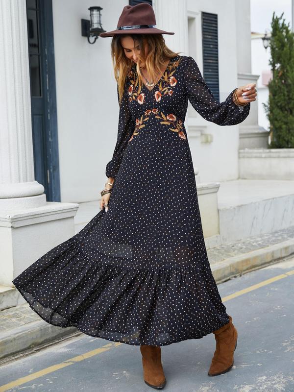 Women's Boho Flroal Embroidery Ruffle Hem V Neck A Line Dress, All Over Print Bishop Sleeve Midi Dress for Spring & Fall, Dresses for Women, Women's Clothing for Daily Wear