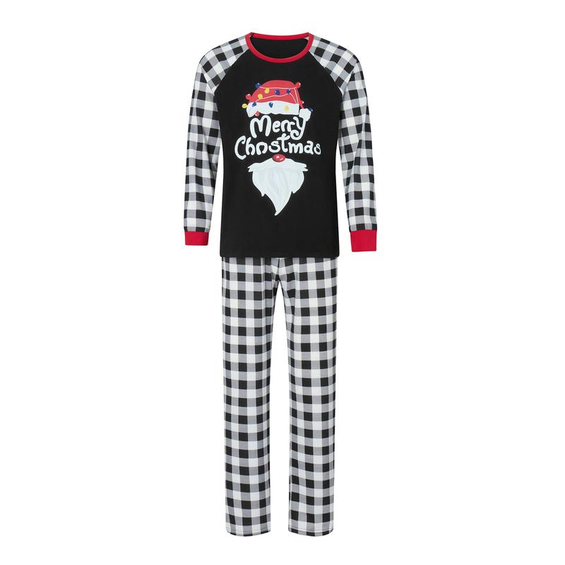 Family Matching Christmas Pajamas, Letter &Santa Hat Print Long-Sleeved Round Neck Tops + Plaid Pattern Trousers Sleepwear