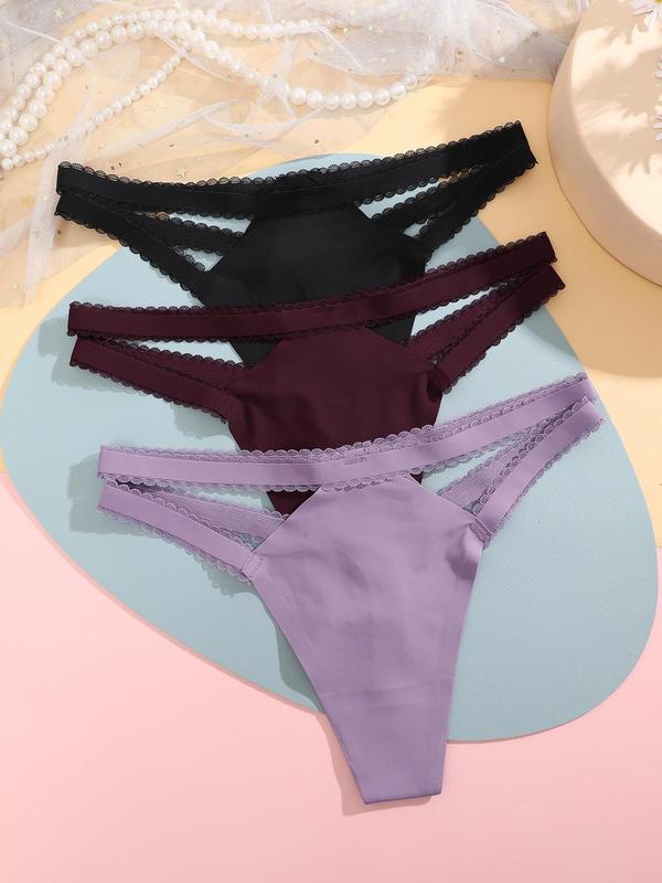 Women's 3pcs Plain Lace Trim Cut Out Thongs, Soft Comfy Breathable Knickers For Daily Wear, Women's Underwear For All Seasons