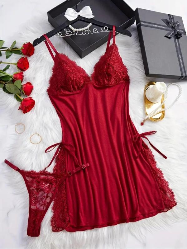 Women's Contrast Lace Bow Decor Cami Nightdress & Thong Two-piece Set, Split Thigh Spaghetti Strap Nightgown & Panty Set, Women's Sleepwear for All Seasons