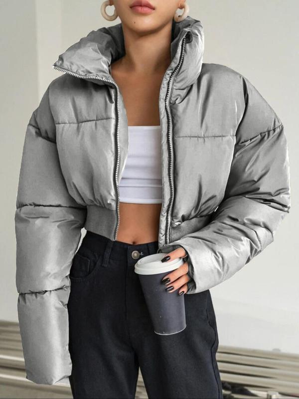 Women's Solid Zip Up  Crop Quilted  Jacket, Casual Funnel Neck Long Sleeve Outerwear for Fall & Winter, Women's Clothes for Daily Wear