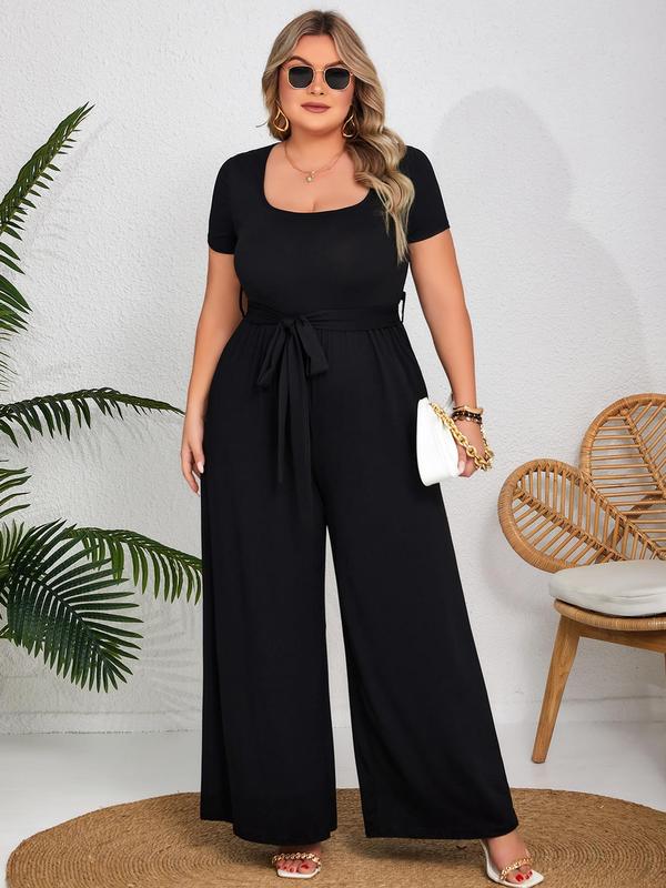  Plus Size Solid Wide Leg Jumpsuit, Elegant Square Neck Belted Jumpsuit for Daily Outdoor Wear, Women Plus Clothing for All Seasons