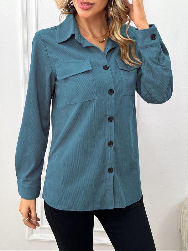 Women's Plain Button Front Pocket Corduroy Blouse, Mean Girls Shirt Casual Long Sleeve Collared Top for Fall, Going Out Tops, Shirts for Women, Lady Clothing for Daily Wear