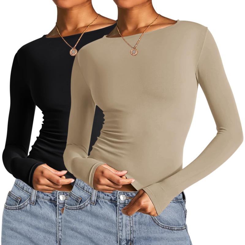 LOMON Women's Plain Long Sleeve Cropped Tee, Skim Dupes，Casual Round Neck Crop Top for Lady, Womenswear, Mean Girls Outfit, Women's Tops for Music Festival Daily Wear