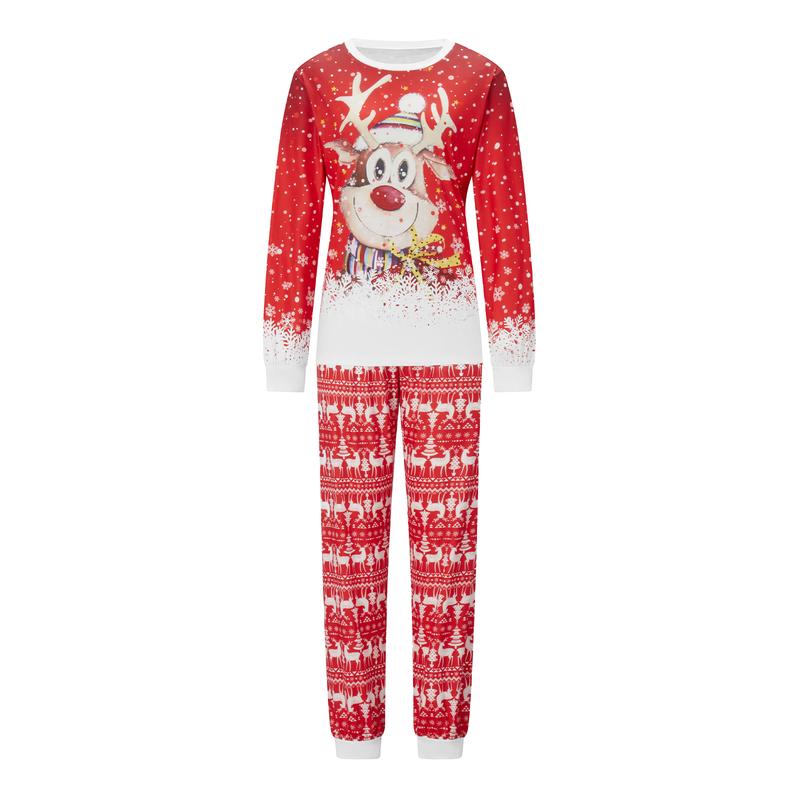 Red Matching Christmas Pajamas For Family, Deer Pattern Long Sleeve Tops and Pants Sleepwear Set