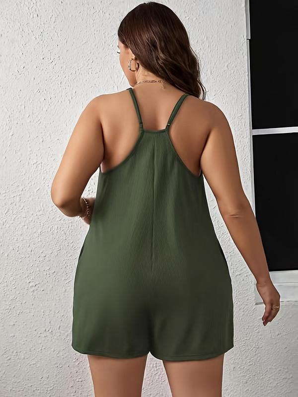  Plain Pocket Adjustable Strap Slim-fit Cami Romper, Back To School Outfits, Casual Spaghetti Strap Sleeveless Romper, Jumpsuit for Women, Summer Outfits, Women's Plus Clothing for Daily Wear