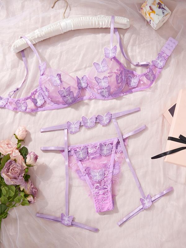 Women's Butterfly Embroidery Sheer Mesh Lingerie Three-piece Set, Romantic Adjustable Strap Underwire Bra & Thong & Garter Belt Set, Lingerie Set for Women