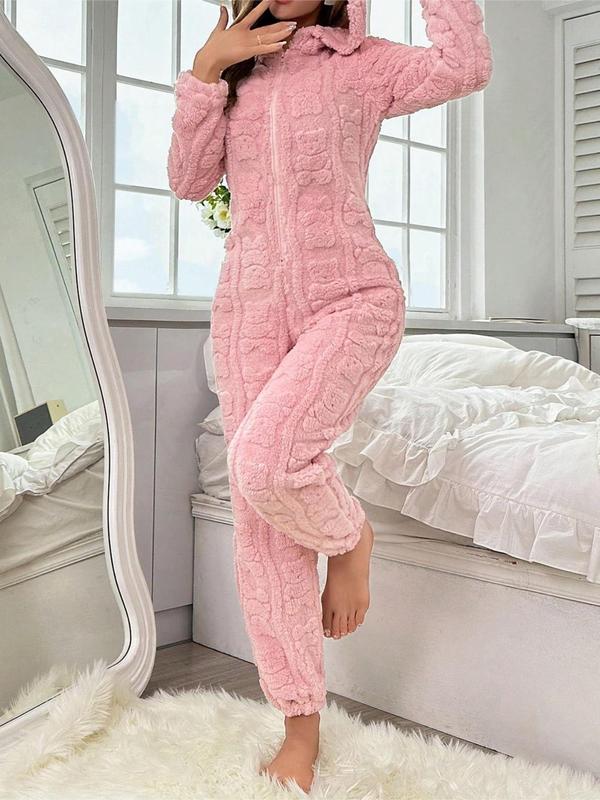 Women's Solid Zip Up Plush Hooded Jumpsuit, Casual Long Sleeve Jumpsuit for Fall & Winter, Christmas Pajamas, Women's Sleepwear for Indoor Wear Onesies Pajama