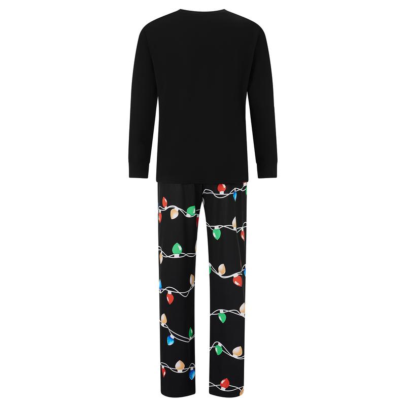 Black Christmas Pajamas For Family Family Matching Christmas Pajama Set String Light Print Long Sleeve Tops Elastic Waist Long Pants