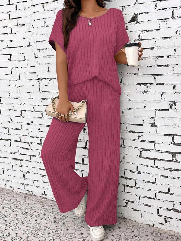 Women's Solid Ribbed Drop Shoulder Tee & Wide Leg Pants Two-piece Set, Casual Short Sleeve Round Neck T-shirt & Trousers for Summer, Ladies Clothes for Daily Wear Black Girl Outfits