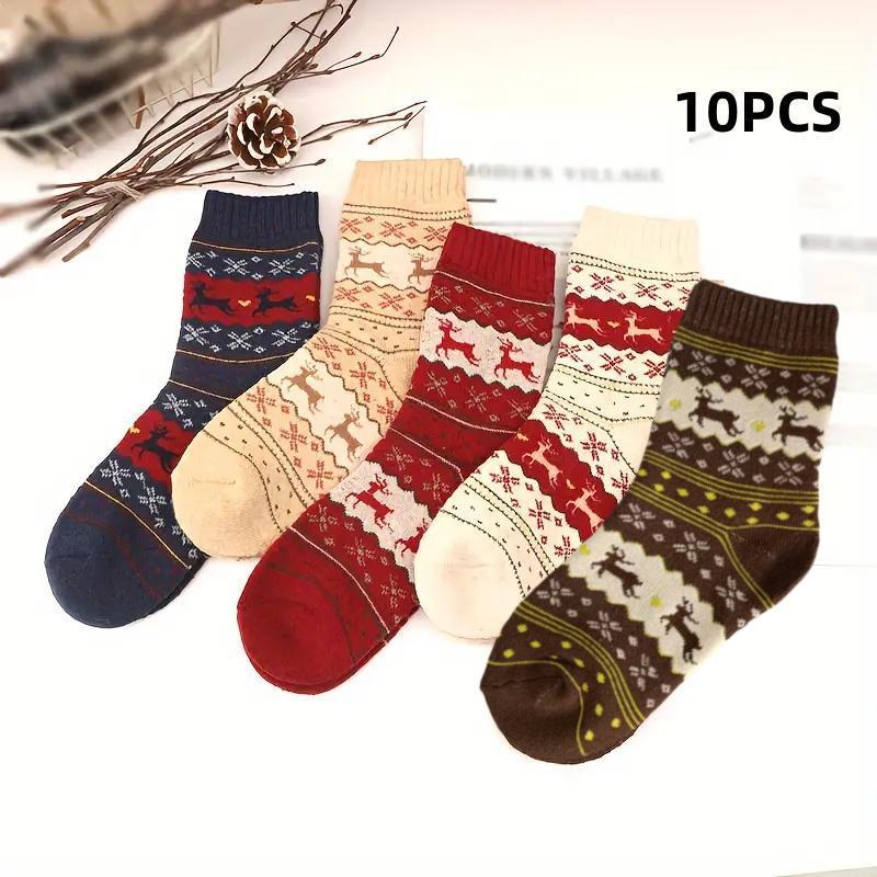 Christmas Reindeer Print Socks, 5 Pairs 10pcs Soft Comfortable Warm Socks, Women's Socks for Fall & Winter, Home Decor & Festive Supplies