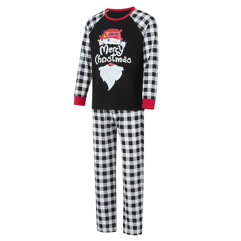 Family Matching Christmas Pajamas, Letter &Santa Hat Print Long-Sleeved Round Neck Tops + Plaid Pattern Trousers Sleepwear