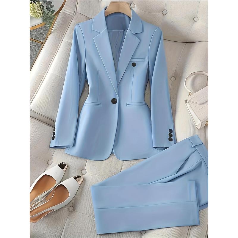 suit set - Elegant Suit Set - Plain Color, Single Breasted, Long Sleeve Blazer & Straight Leg Pants - Office Wear, Business Meetings, Formal Events - Women -  Chic and Professional Look - Effortless Chic, Unstoppable You!