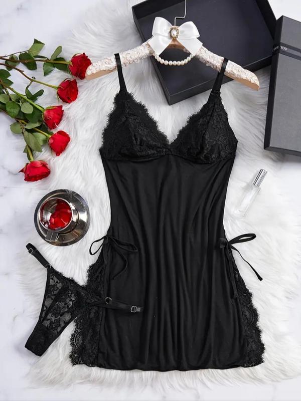 Women's Contrast Lace Bow Decor Cami Nightdress & Thong Two-piece Set, Split Thigh Spaghetti Strap Nightgown & Panty Set, Women's Sleepwear for All Seasons