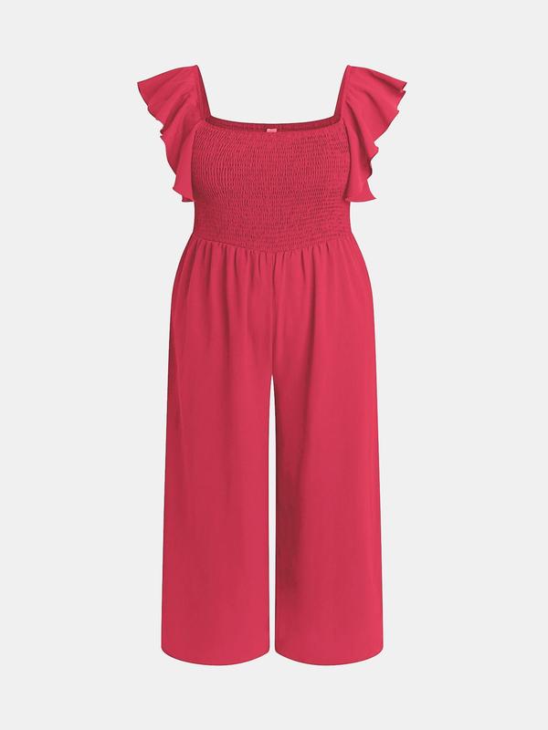 CURVZY Plus Size Plain Butterfly Sleeve Wide Leg Jumpsuit, Elegant Square Neck Shirred Jumpsuit, Women's Summer Clothes for Daily Wear