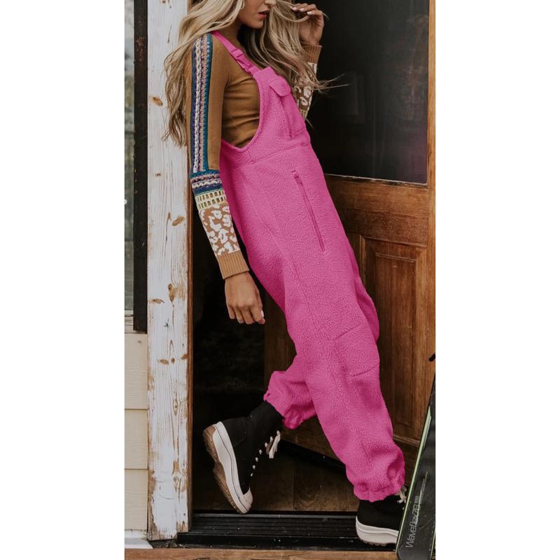 Women's Fleece Warm Overalls Winter Loose Casual Jumpsuits with Pockets Comfy Womenswear